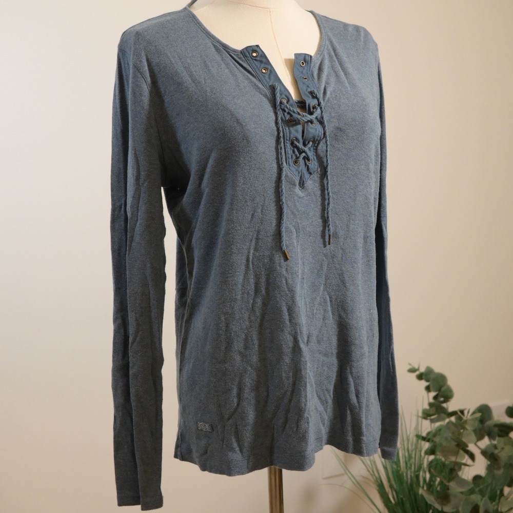 Lauren Ralph Lauren Blue Lace Up Long Sleeve Cotton Top L